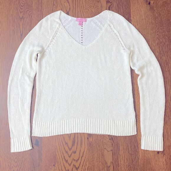 LILLY PULITZER XS Classic Cream Open Knit Crochet V-Neck Sweater Cottagecore - Picture 16 of 16